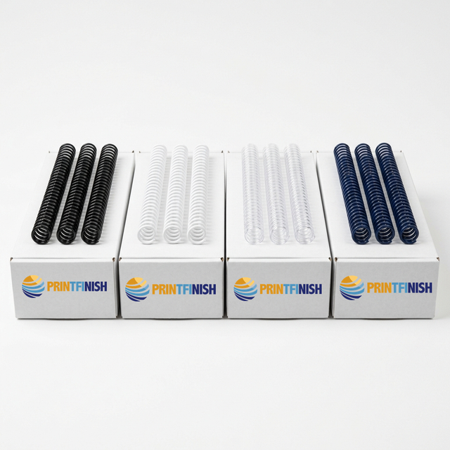 Plastic binding coils in black, white, clear, and navy — 4:1 pitch, boxes of 100