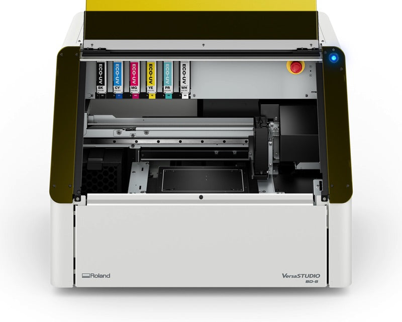 BD-8 with the cover open, showing the print bed