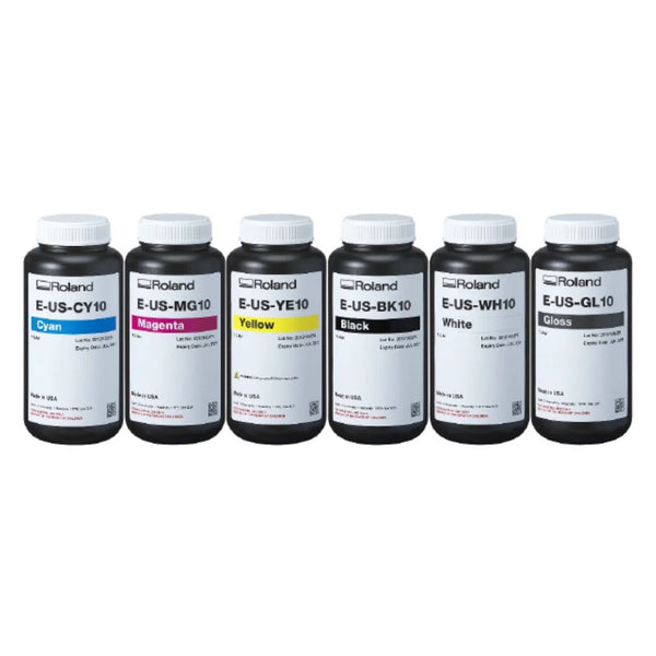 Roland E-US UV ink 1 L bottles — cyan, magenta, yellow, black, white and gloss