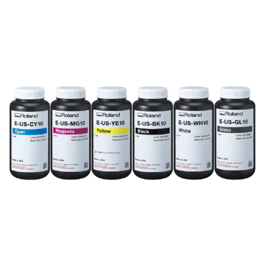 Roland E-US UV ink 1 L bottles — cyan, magenta, yellow, black, white and gloss