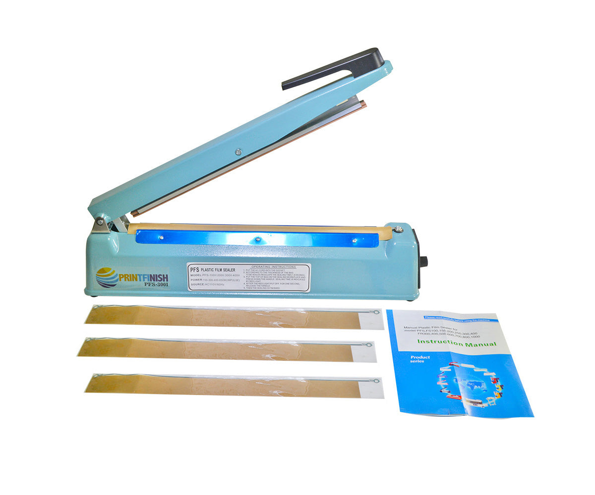 PrintFinish 8-inch and 12-inch impulse heat sealing machines, front view
