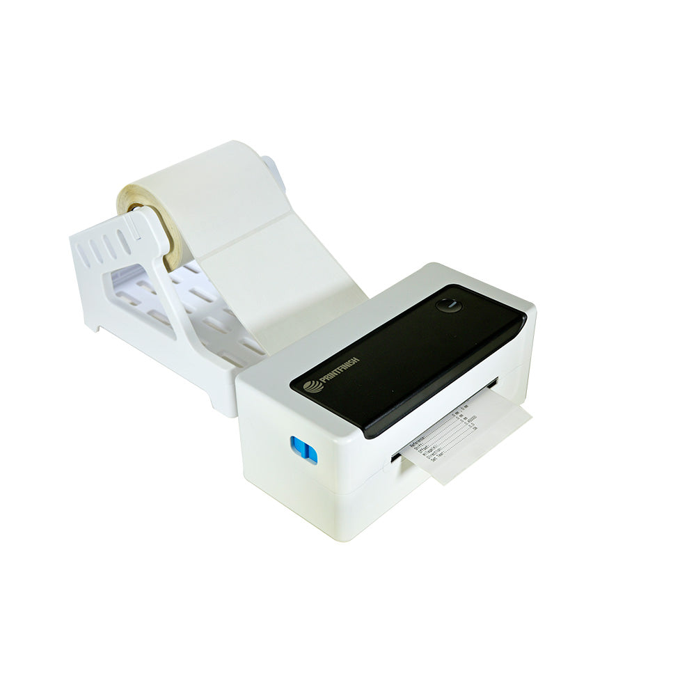 Thermal label printer with label stand, printing a label
