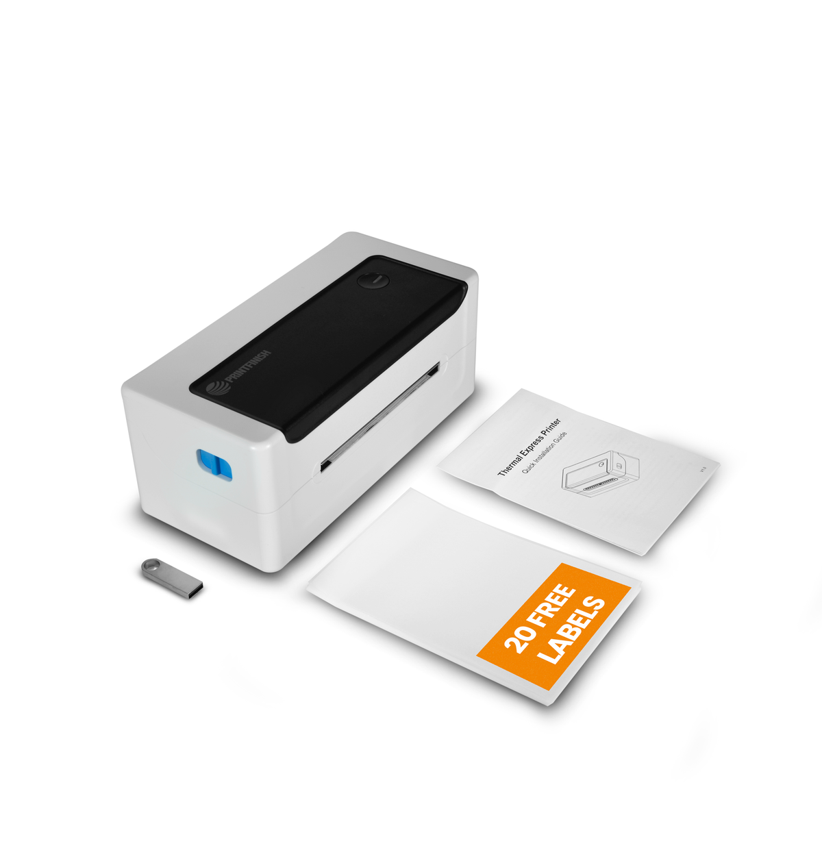Thermal label printer with the included USB flash drive and 20 free UPS labels